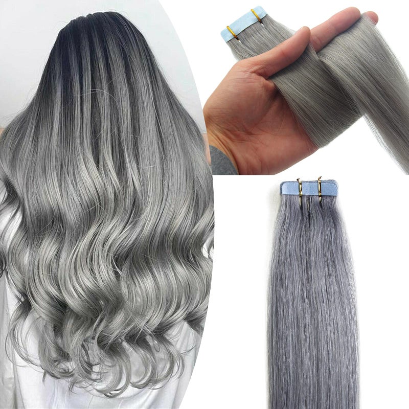 Seamless Tape in Human Hair Extensions Invisible Skin Wefts Brazilian Remy Human Hair Balayage Ombre Colors 1624inch20pieces Silver Gray 18inch40gram